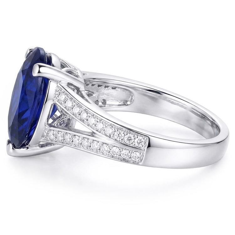 Bague diamant saphir bleu tige fendue 3 carats or blanc 14K