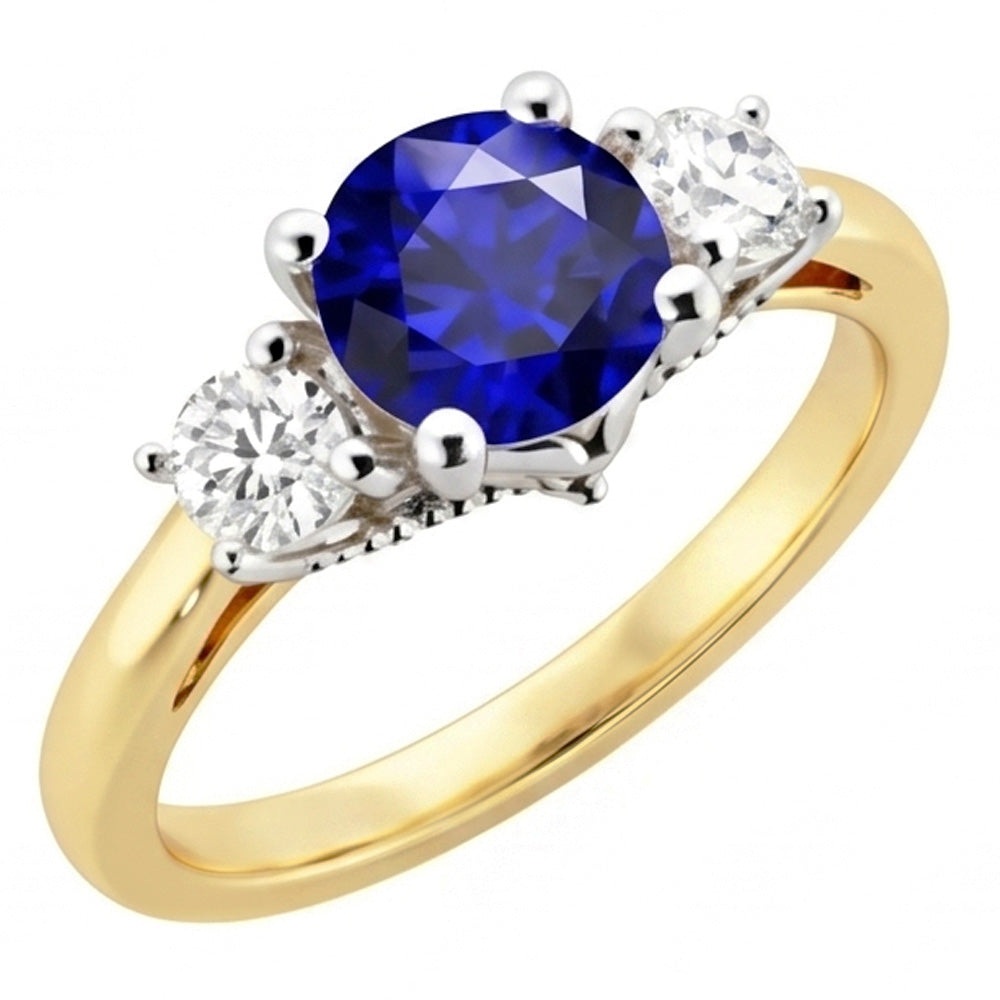 Bague diamant saphir rond bicolore trois pierres 2.50 carats