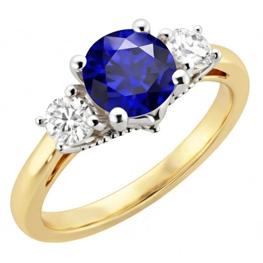 Bague diamant saphir rond bicolore trois pierres 2.50 carats