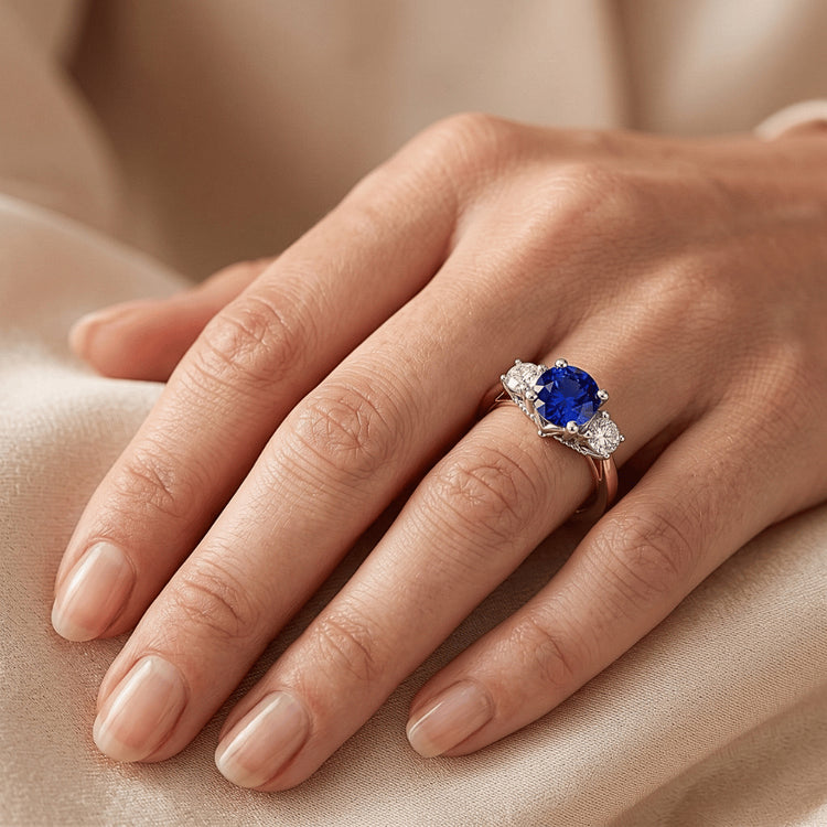 Bague diamant saphir rond bicolore trois pierres 2.50 carats