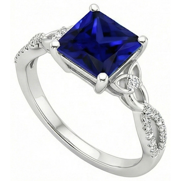 Bague diamant taille princesse saphir bleu tige torsadée en or 4 carats