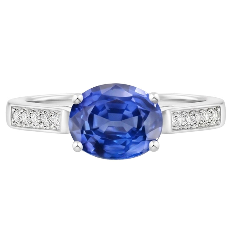 Bague diamants saphir Sri Lanka ovale de 2.60 ct en or blanc 14k