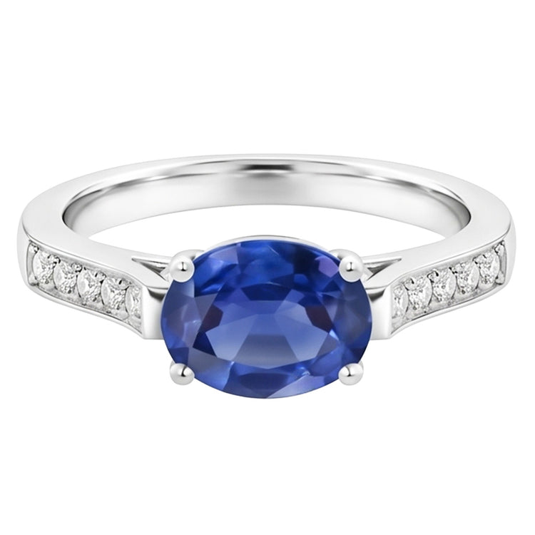 Bague diamants saphir Sri Lanka ovale de 2.60 ct en or blanc 14k