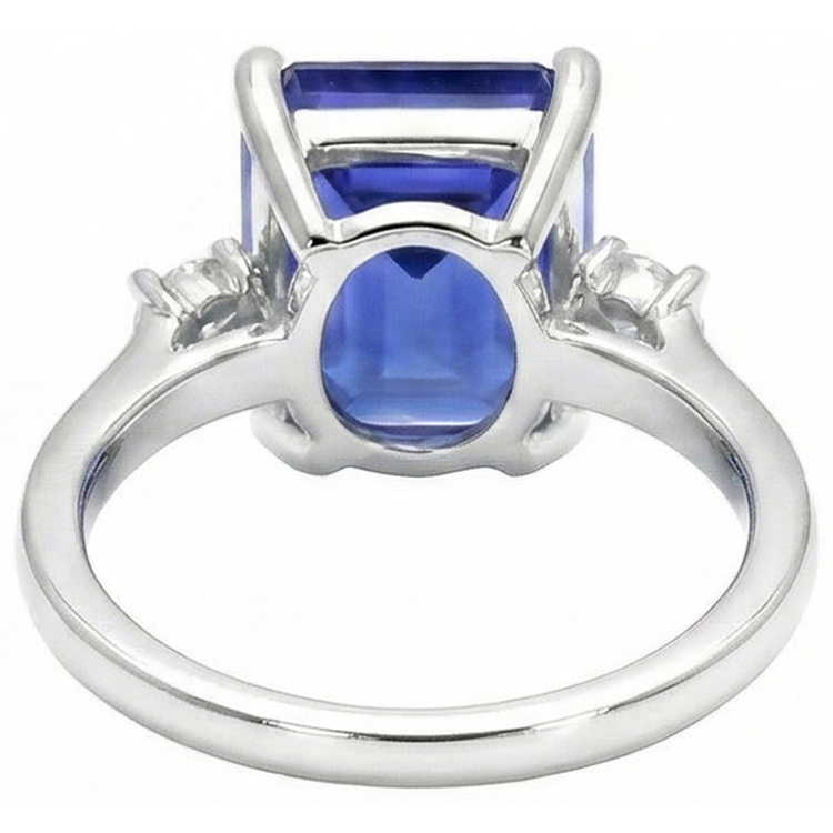 Bague diamants saphir de Ceylan 3 ct émeraude et Coupe Ronde en or blanc 14K