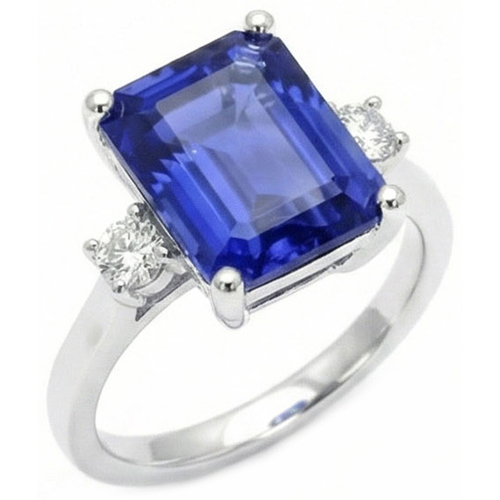 Bague diamants saphir de Ceylan 3 ct émeraude et Coupe Ronde en or blanc 14K