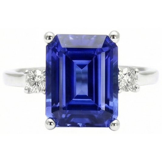 Bague diamants saphir de Ceylan 3 ct émeraude et Coupe Ronde en or blanc 14K