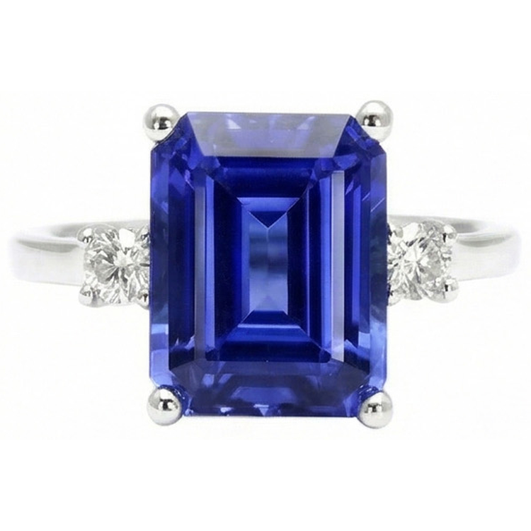 Bague diamants saphir de Ceylan 3 ct émeraude et Coupe Ronde en or blanc 14K
