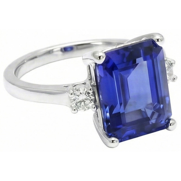 Bague diamants saphir de Ceylan 3 ct émeraude et Coupe Ronde en or blanc 14K