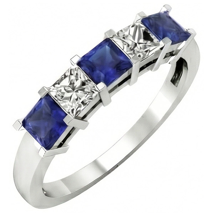 Bague diamants saphir de Ceylan taille princesse 5 pierres 1.75 ct