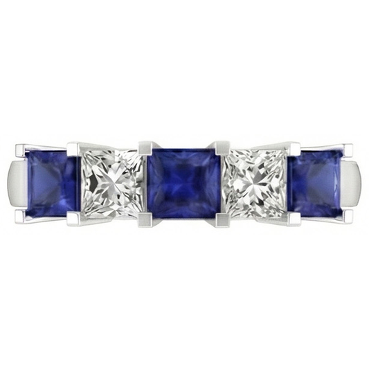Bague diamants saphir de Ceylan taille princesse 5 pierres 1.75 ct