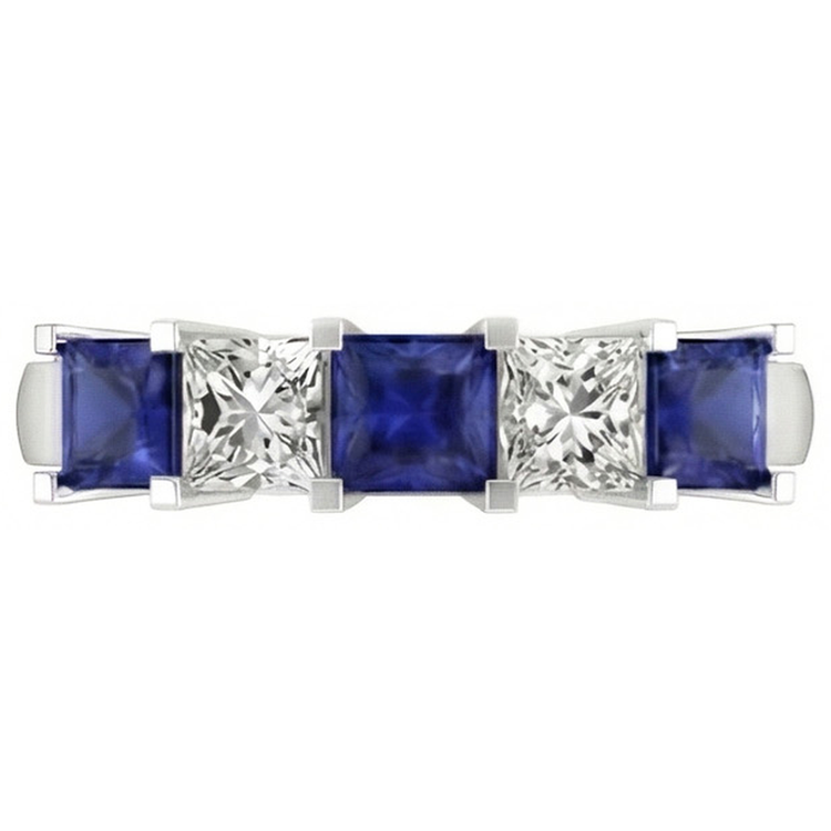 Bague diamants saphir de Ceylan taille princesse 5 pierres 1.75 ct