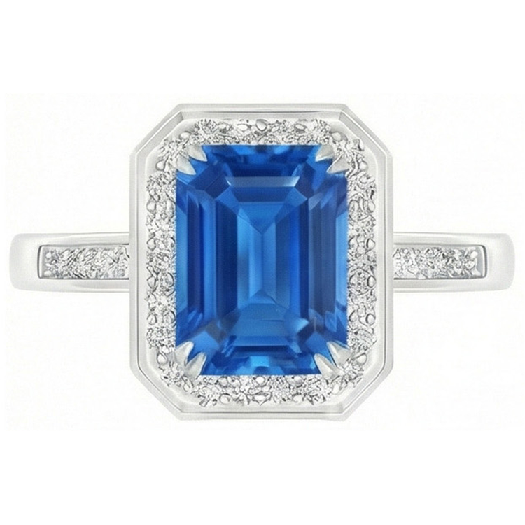 Bague diamants saphir du Sri Lanka de 3.40 ct en or blanc 14K