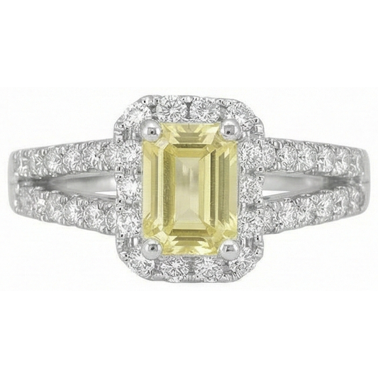Bague diamants saphir jaune 4 ct émeraude et Coupe Ronde en or blanc 14K