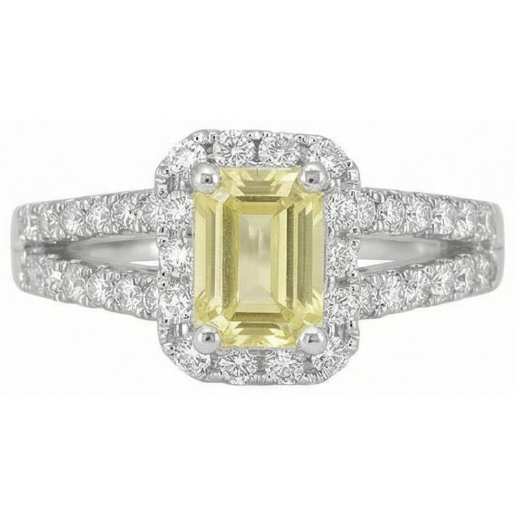 Bague diamants saphir jaune 4 ct émeraude et Coupe Ronde en or blanc 14K