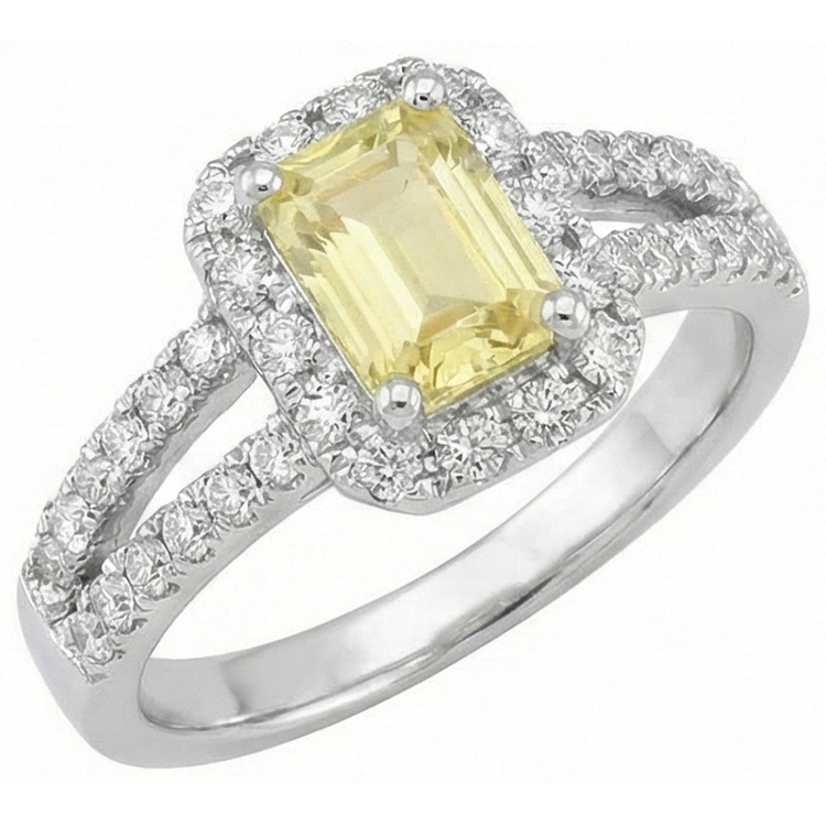 Bague diamants saphir jaune 4 ct émeraude et Coupe Ronde en or blanc 14K