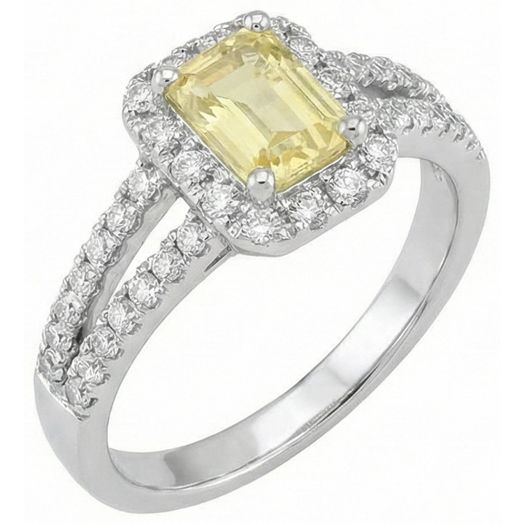 Bague diamants saphir jaune 4 ct émeraude et Coupe Ronde en or blanc 14K