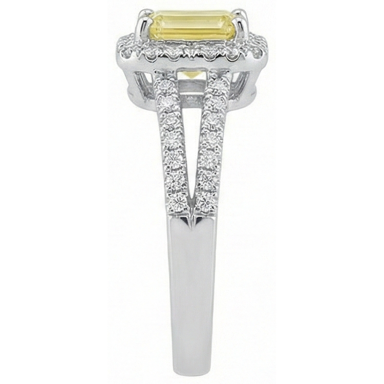 Bague diamants saphir jaune 4 ct émeraude et Coupe Ronde en or blanc 14K