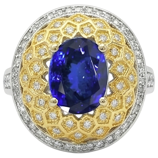 Bague diamants tanzanite ovale étincelant de 3.11 ct en or deux tons