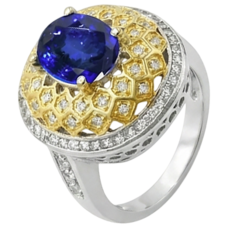 Bague diamants tanzanite ovale étincelant de 3.11 ct en or deux tons