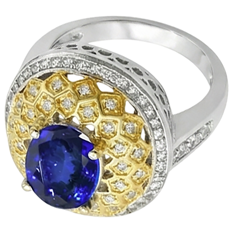 Bague diamants tanzanite ovale étincelant de 3.11 ct en or deux tons