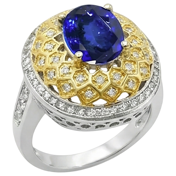 Bague diamants tanzanite ovale étincelant de 3.11 ct en or deux tons