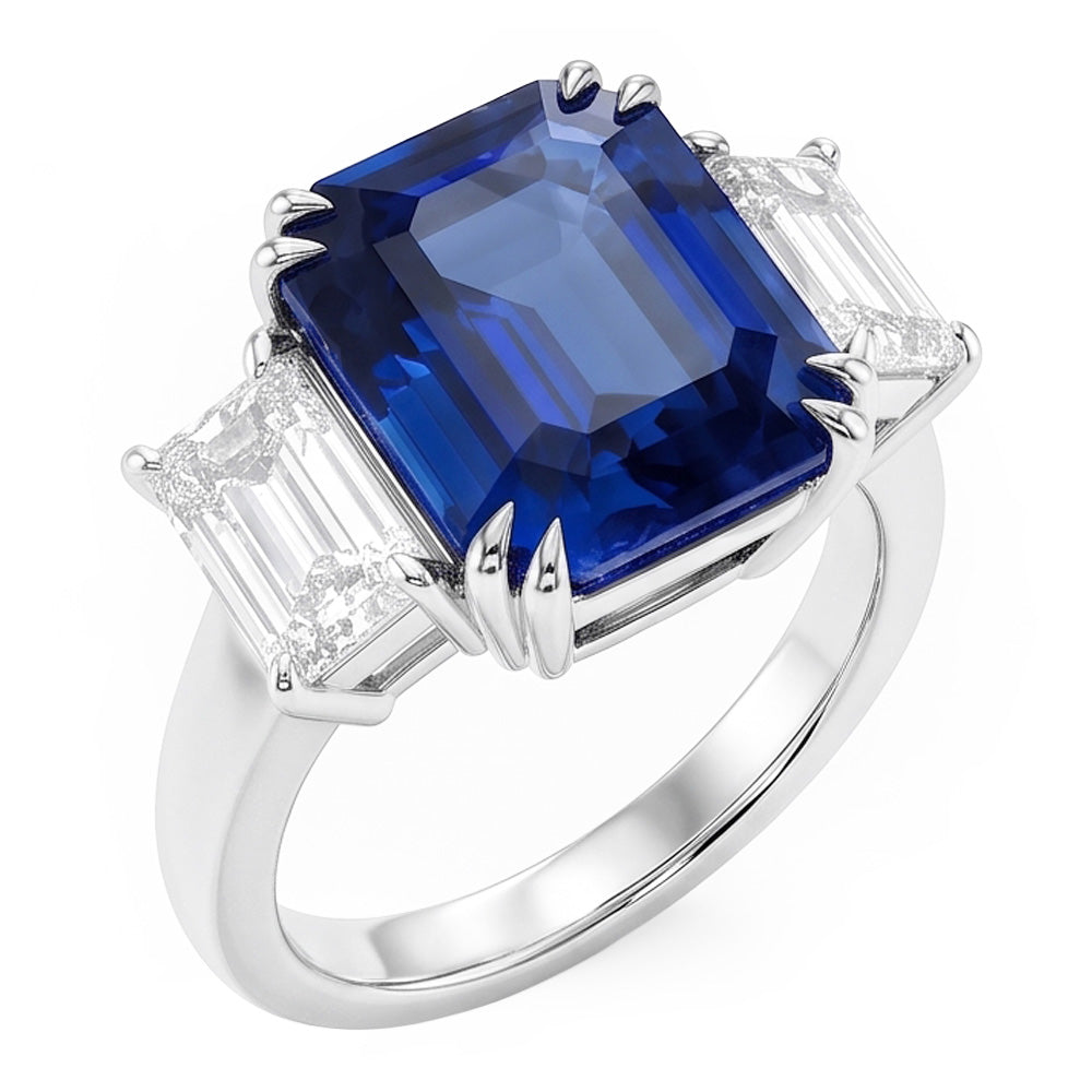 Bague émeraude Trois Pierres Saphir Bleu 3.50 Carats Bijoux Femme