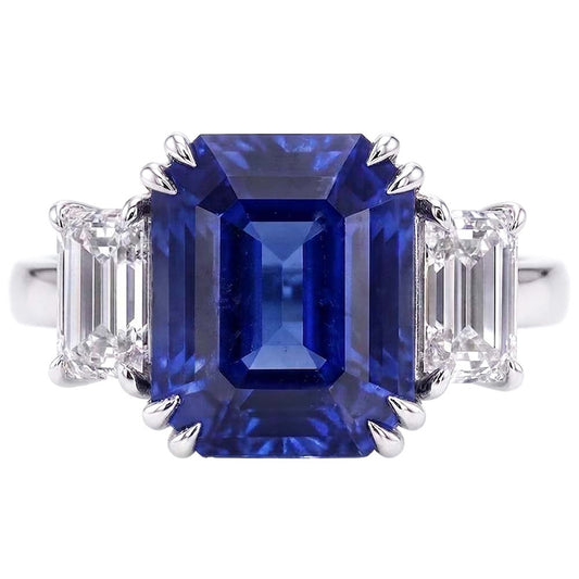Bague émeraude Trois Pierres Saphir Bleu 3.50 Carats Bijoux Femme