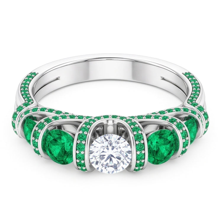 Bague émeraude avec diamants ronds de style unique 3.90 carats