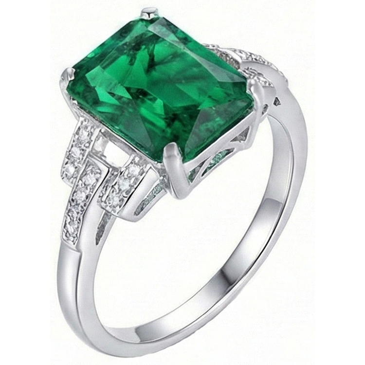 Bague émeraude verte et diamants 10.70 carats sertie de griffes WG 14K