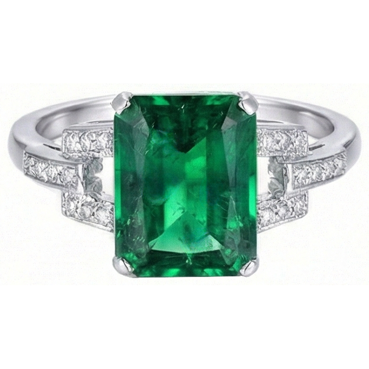 Bague émeraude verte et diamants 10.70 carats sertie de griffes WG 14K