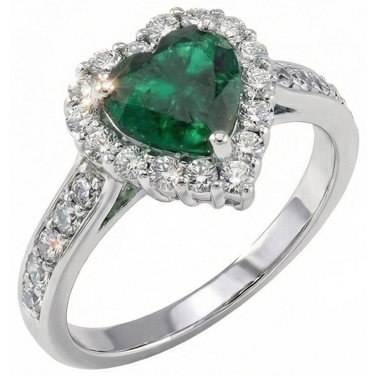 Bague émeraude verte et diamants taille coeur 5 carats blanc 14K