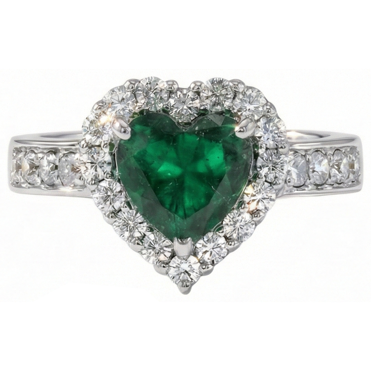 Bague émeraude verte et diamants taille coeur 5 carats blanc 14K