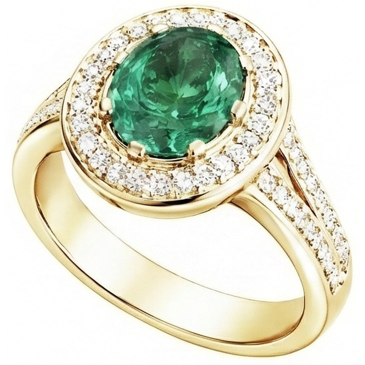 Bague émeraude verte ovale de 3.5 ct avec halo de diamants