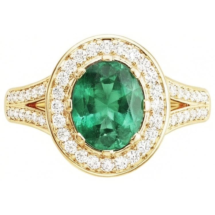 Bague émeraude verte ovale de 3.5 ct avec halo de diamants