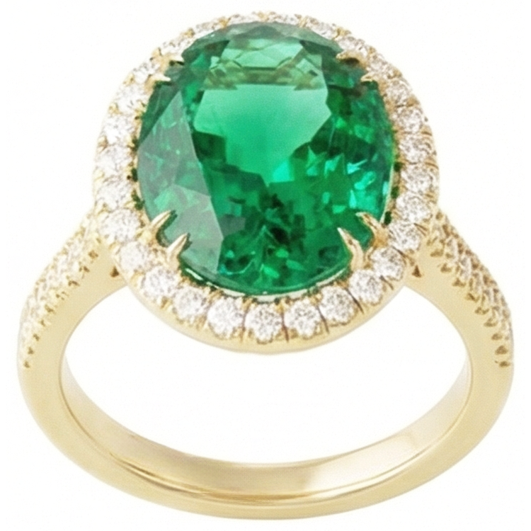 Bague émeraude verte taille ovale 4 ct avec halo de diamants en or jaune 14k