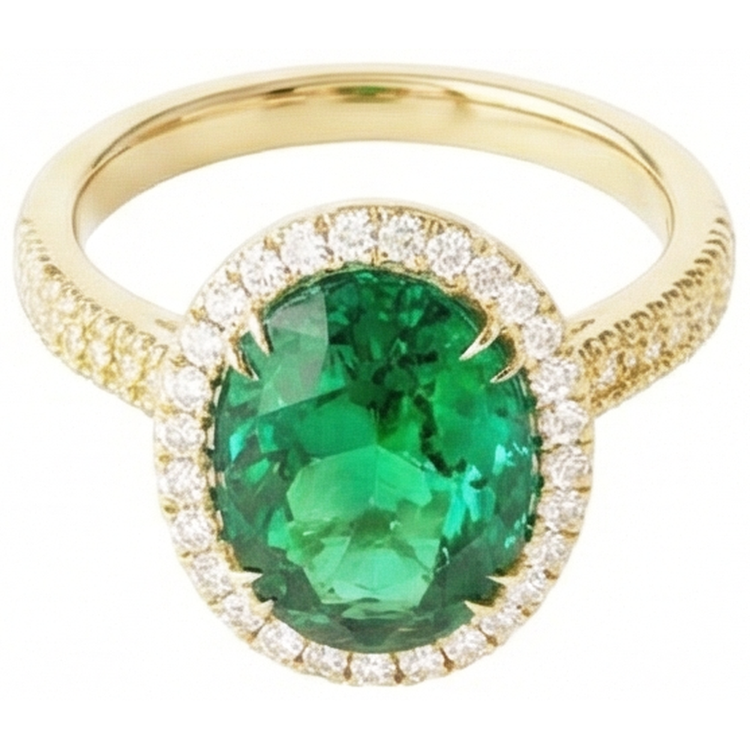 Bague émeraude verte taille ovale 4 ct avec halo de diamants en or jaune 14k
