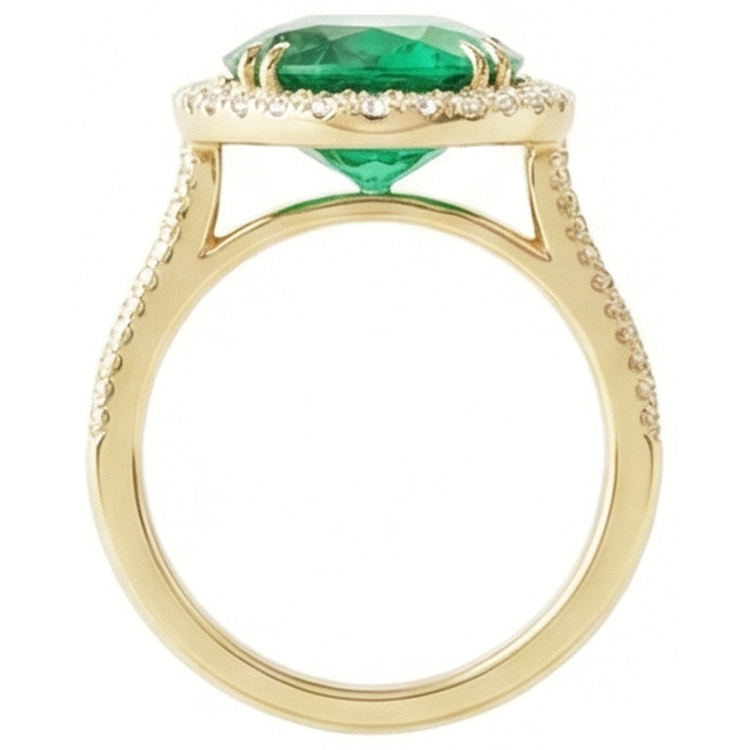 Bague émeraude verte taille ovale 4 ct avec halo de diamants en or jaune 14k