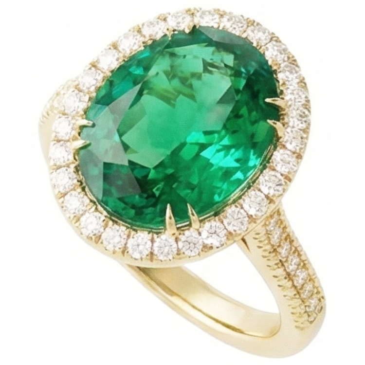 Bague émeraude verte taille ovale 4 ct avec halo de diamants en or jaune 14k