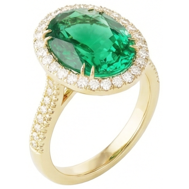 Bague émeraude verte taille ovale 4 ct avec halo de diamants en or jaune 14k