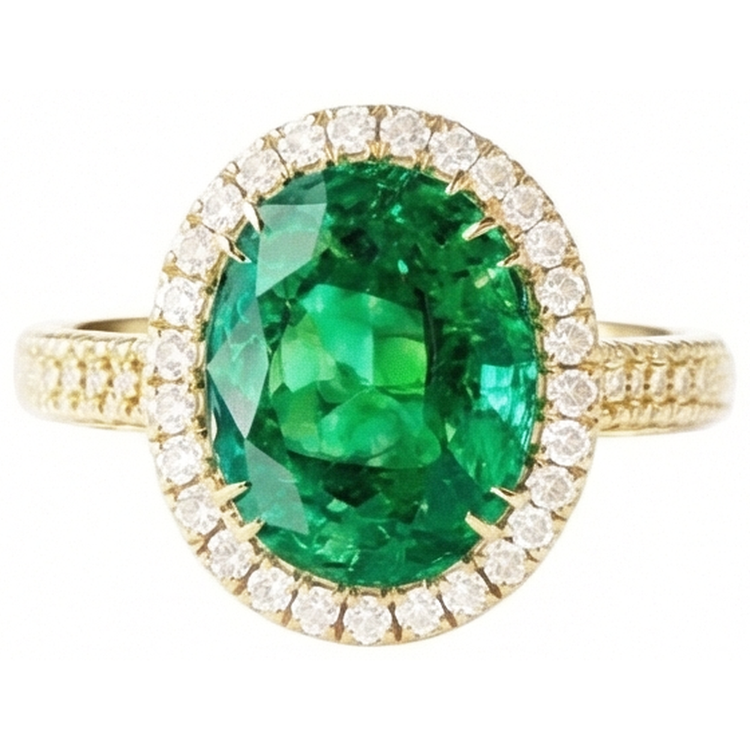 Bague émeraude verte taille ovale 4 ct avec halo de diamants en or jaune 14k