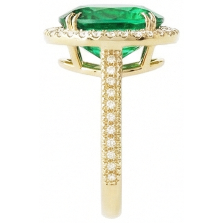 Bague émeraude verte taille ovale 4 ct avec halo de diamants en or jaune 14k