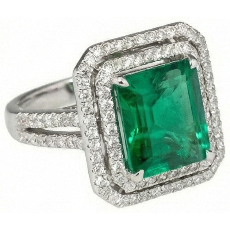 Bague émeraude verte taille princesse 10 ct avec diamant