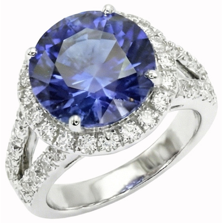 Bague en Diamant Coupe Ronde Avec Saphir Bleu de Ceylan Or Bijoux