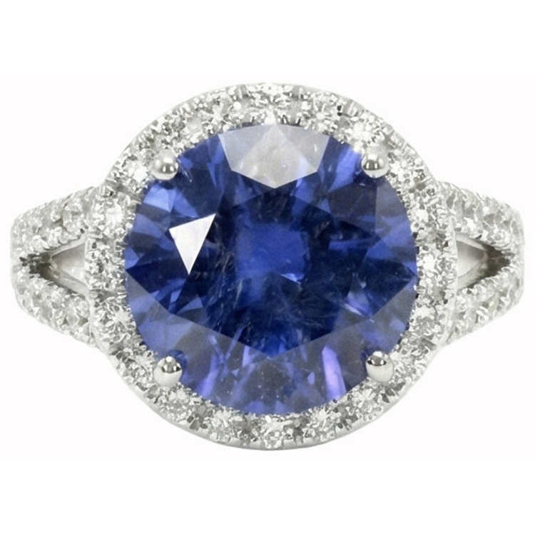 Bague en Diamant Coupe Ronde Avec Saphir Bleu de Ceylan Or Bijoux