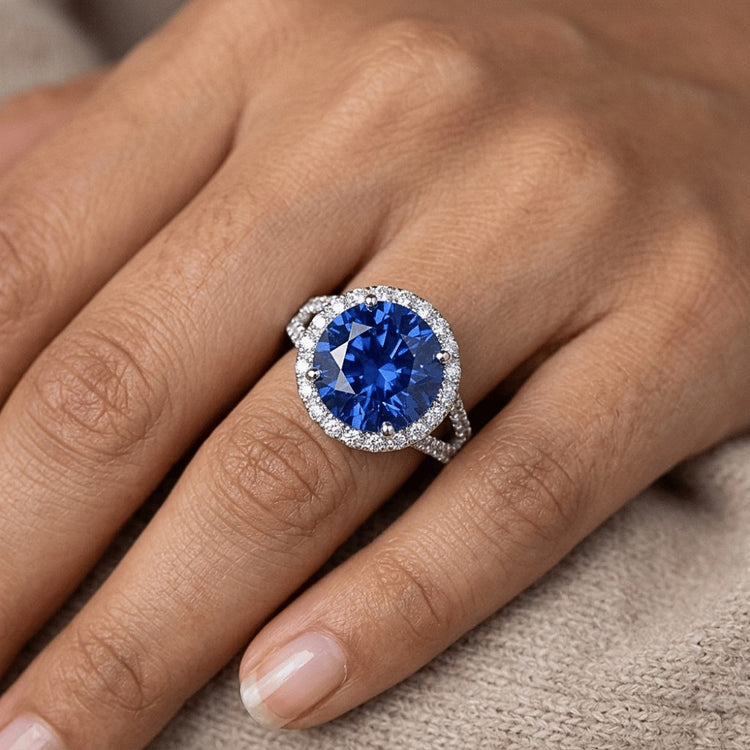 Bague en Diamant Coupe Ronde Avec Saphir Bleu de Ceylan Or Bijoux
