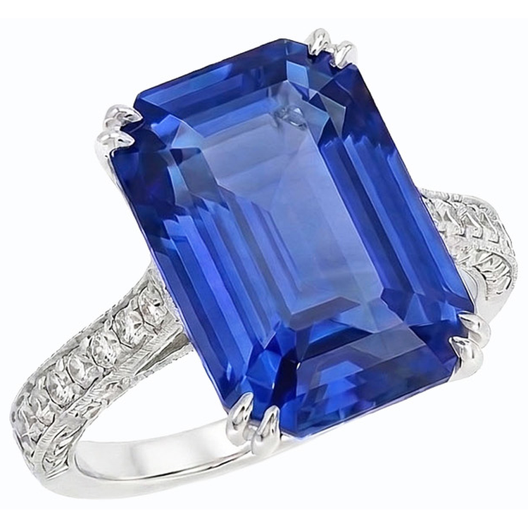 Bague en Diamant de Style Ancien Avec Saphir Bleu émeraude 8 Carats et Accents pavés