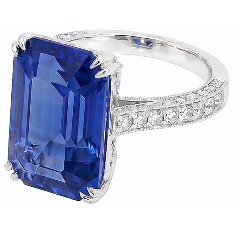 Bague en Diamant de Style Ancien Avec Saphir Bleu émeraude 8 Carats et Accents pavés