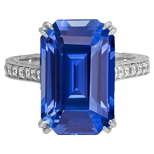 Bague en diamant de style ancien avec saphir bleu émeraude 8 carats et accents pavés