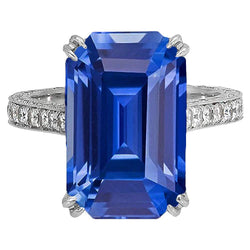 Bague en Diamant de Style Ancien Avec Saphir Bleu émeraude 8 Carats et Accents pavés