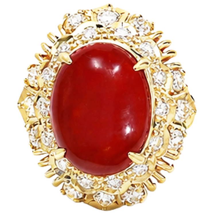 Bague en corail rouge ovale de 13.50 ct avec diamants ronds en or jaune 14K